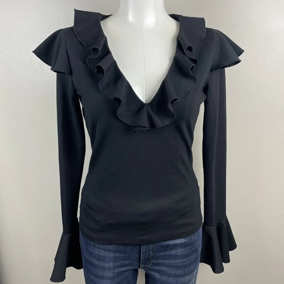 Y2K Vintage Bebe  Black Ruffled Neck Top Slim Fitting - Picture 1 of 9
